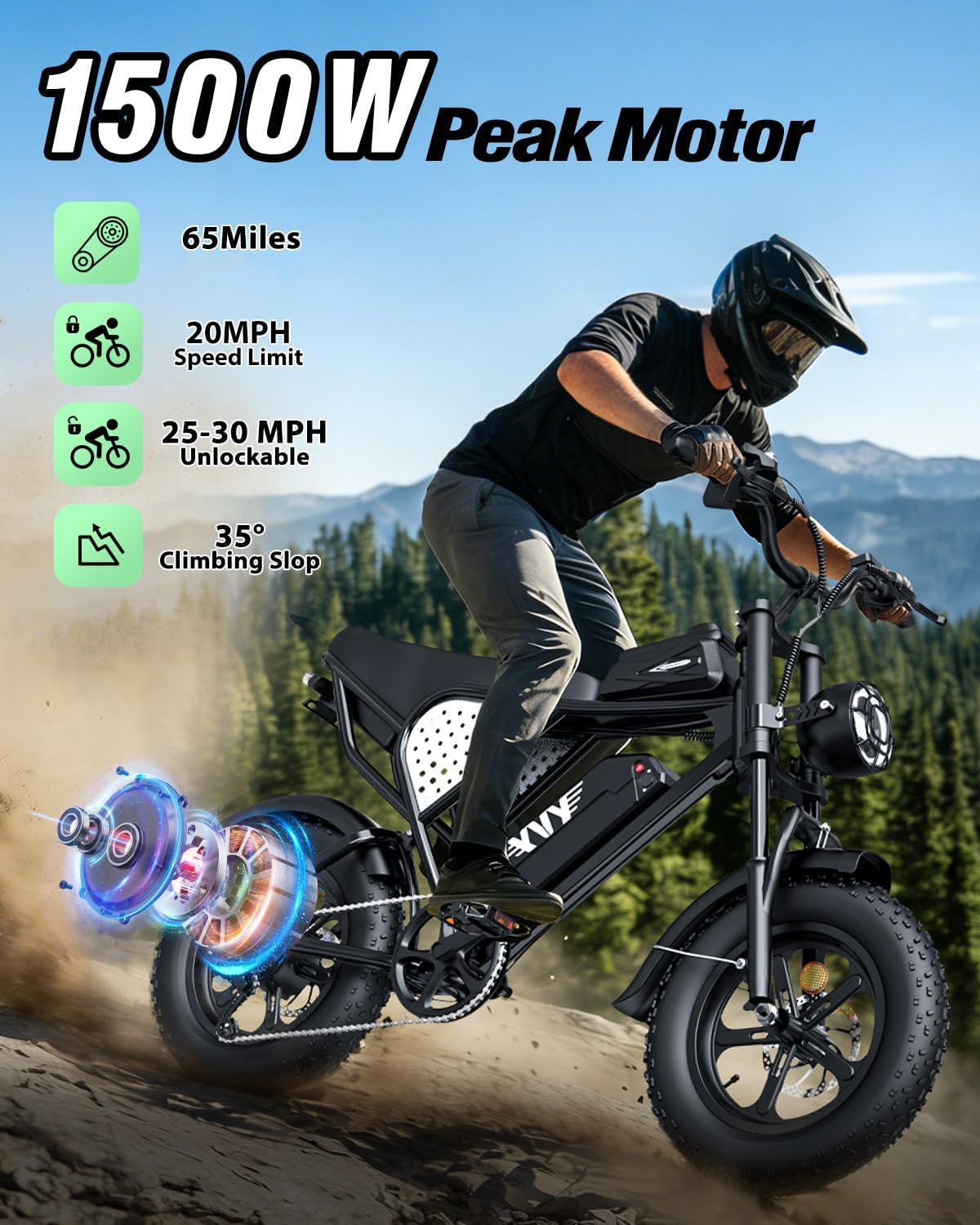 Peak 1500W 30Mph & 80 Mi 48V 25Ah Electric Dirt Bike,16"Fat Tire Off-Road E-Dirt Bike for Adults,Disc Brakes,cTUVus Certified
