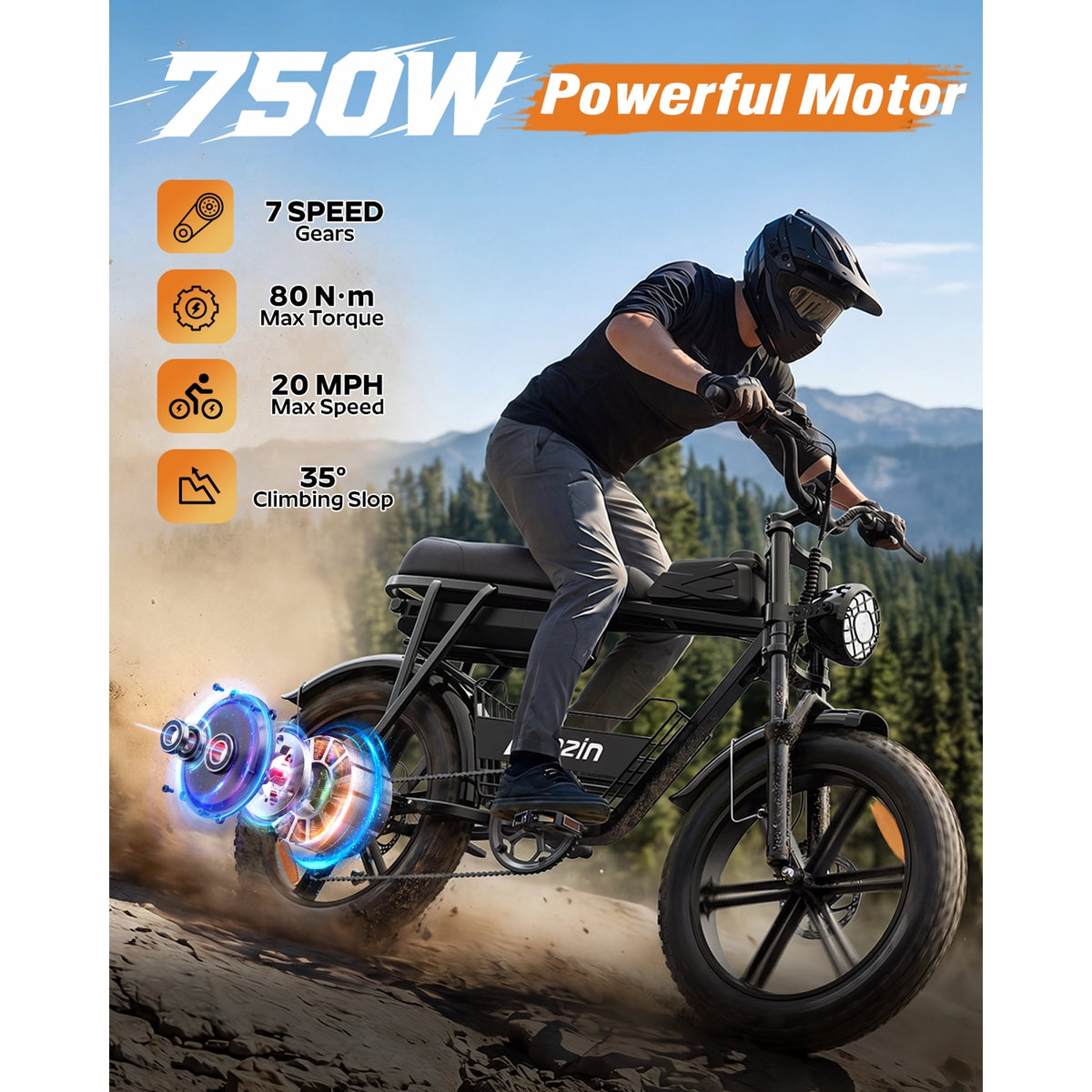 750W 20Mph,48V 20Ah,80Mi Electric Bicycle,20''Fat Tire E-Bike for Adults,cTUVus Certified,Disc Brakes,Class 2