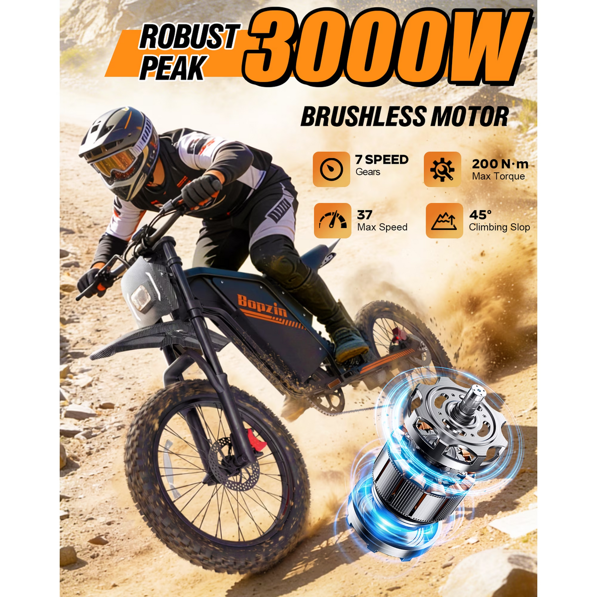 Peak 3000W 37Mph Electric Dirt Bike for Adults,52V 25Ah 37-100Mi 20" Off Road Tire Dirt Bike Snow, Mountain,Beach,cTUVus Certified