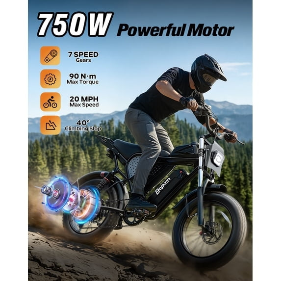 750W 20Mph Electric Bike,48V 25Ah,Max 80Miles E-Bike,20" Fat Tire Electric Bicycle for Adults,Disc Brakes,cTUVus Certified,Class 2