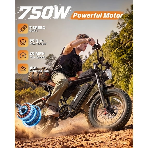 750W 20Mph E-Bike for Adult, 48V 25Ah,20" Fat Tires Electric Bike, Disc Brakes,Anti-Theft Alert,cTUVus Certified,Class 2