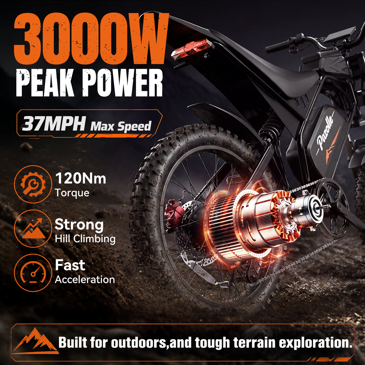 Peak 3000W 37MPH Electric Dirt Bike with NFC,,52V 25AH E-Dirt Bike for Adults, 23" Tire,Hydraulic Disc Brakes,cTUVus Certified