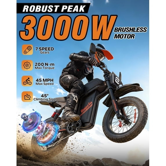 Peak 3000W 45Mph Electric Dirt Bike for Adults, 60V 35Ah, 20"Fat Tire E-Dirt Bike for Snow,Beach TUV Rheinland Certified,Disc Brakes