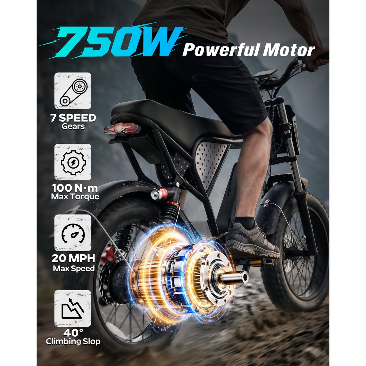 750W 20Mph Electric Bike for Adults,48V/25Ah,Max 80 Miles,20"Fat Tire E-Mountain Bike Disc Brakes,cTUVus Certified,Class 2