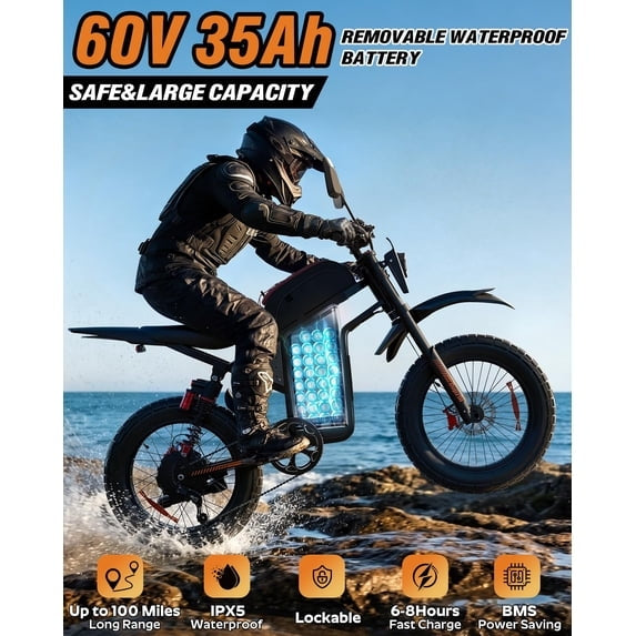 Peak 3000W 45Mph Electric Dirt Bike for Adults, 60V 35Ah, 20"Fat Tire E-Dirt Bike for Snow,Beach TUV Rheinland Certified,Disc Brakes