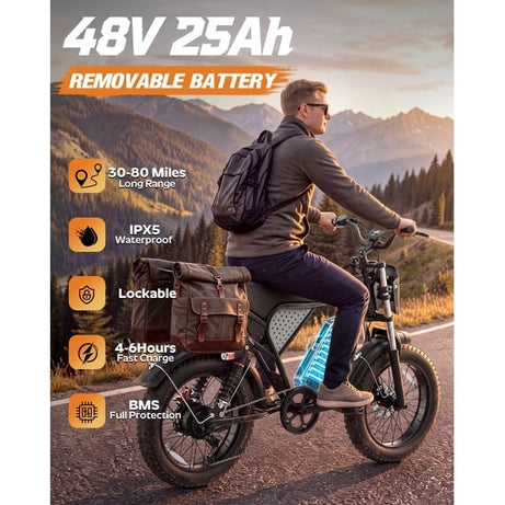 750W 20Mph E-Bike for Adults,48V/25Ah 20" Fat Tire Electric Bicycle,App Mountain Bike Disc Brakes,cTUVus Certified,Class 2