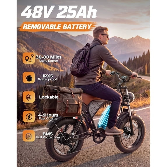 750W 20Mph E-Bike for Adult, 48V 25Ah,20" Fat Tires Electric Bike, Disc Brakes,Anti-Theft Alert,cTUVus Certified,Class 2
