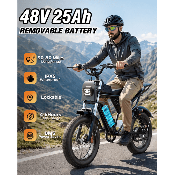 750W 20Mph Electric Bike,48V 25Ah,Max 80Miles E-Bike,20" Fat Tire Electric Bicycle for Adults,Disc Brakes,cTUVus Certified,Class 2