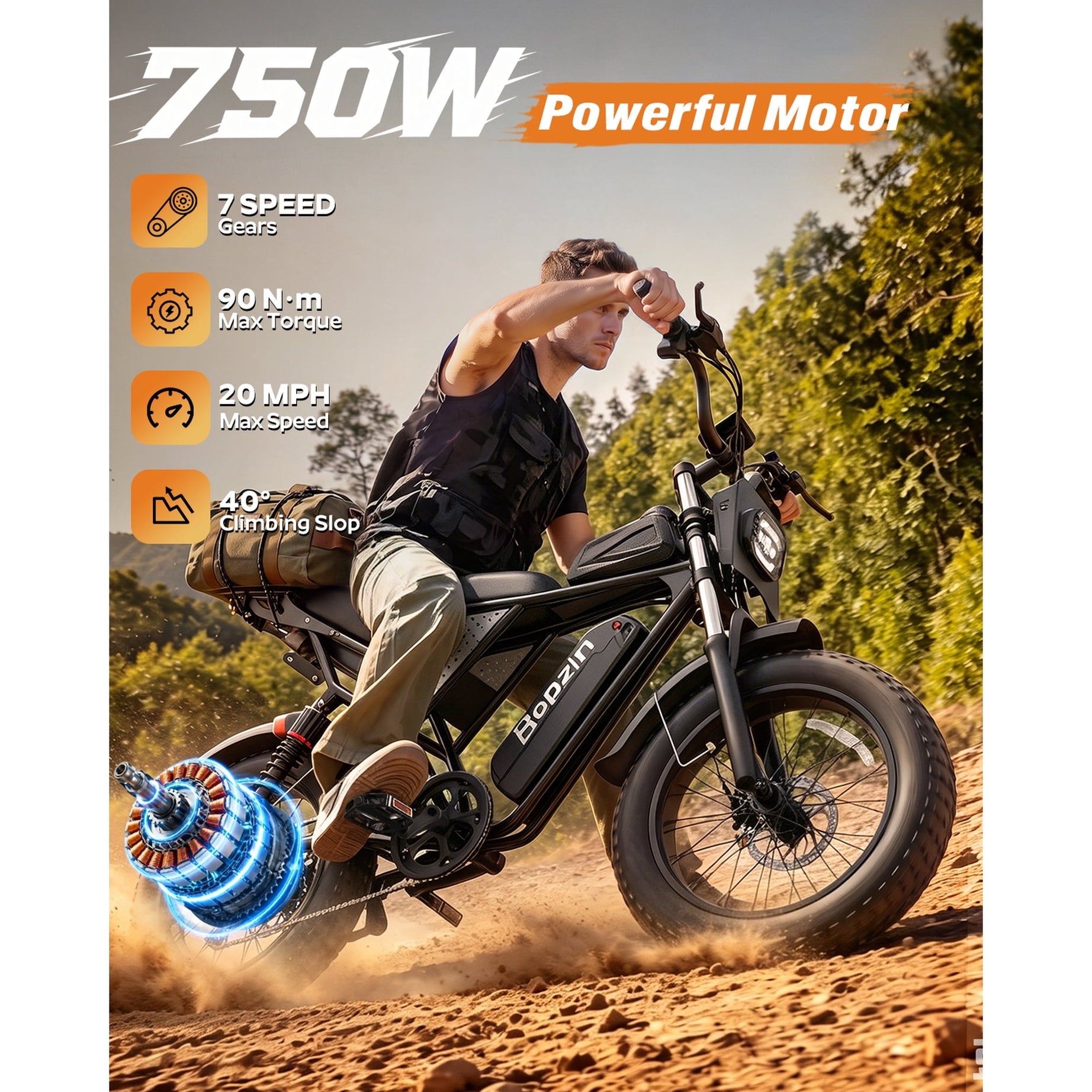 750W 20Mph E-Bike for Adults,48V/25Ah 20" Fat Tire Electric Bicycle,App Mountain Bike Disc Brakes,cTUVus Certified,Class 2