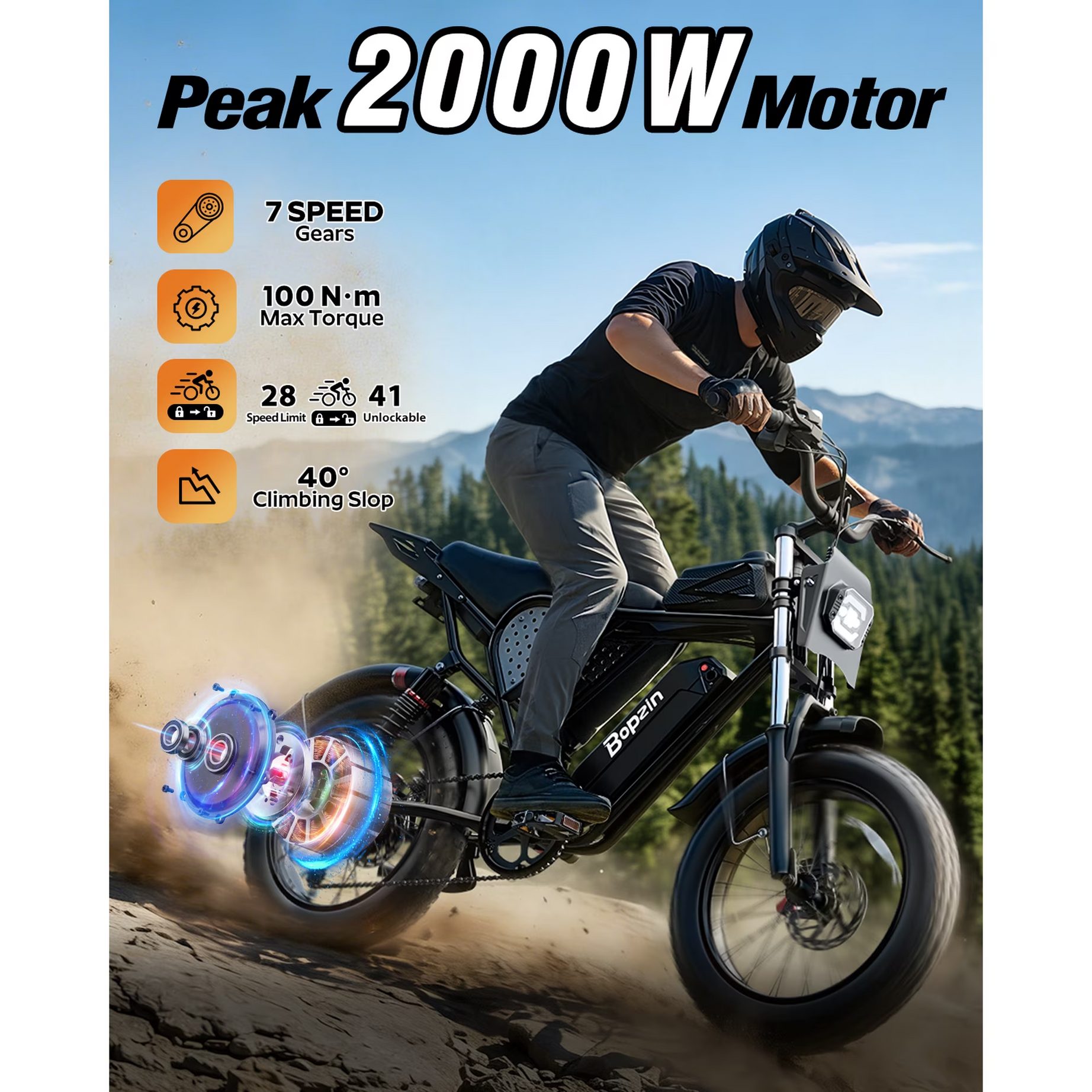 Bopzin 2000W Peak App 48V/20Ah, 20"x4.0 Fat Tire Ebike, UL2849 E-Mountain Bike