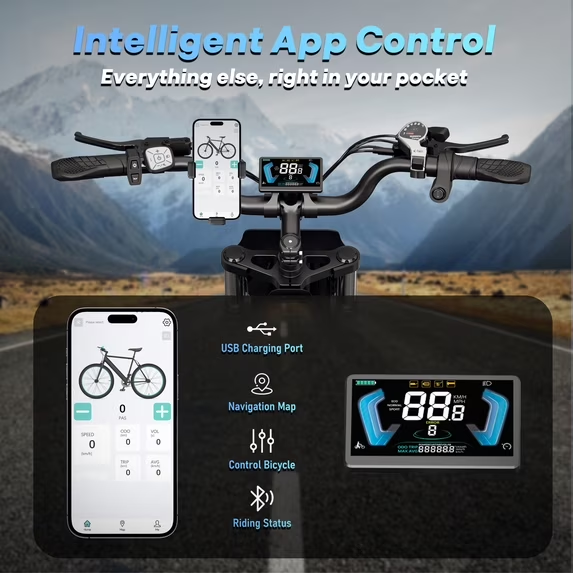 Peak 1500W Electric Bike for Adults,48V 25Ah Max 90 Miles APP & Anti-Theft Electric Bicycle,20’’ Fat Tire,Full Suspension E-Mountain Bike