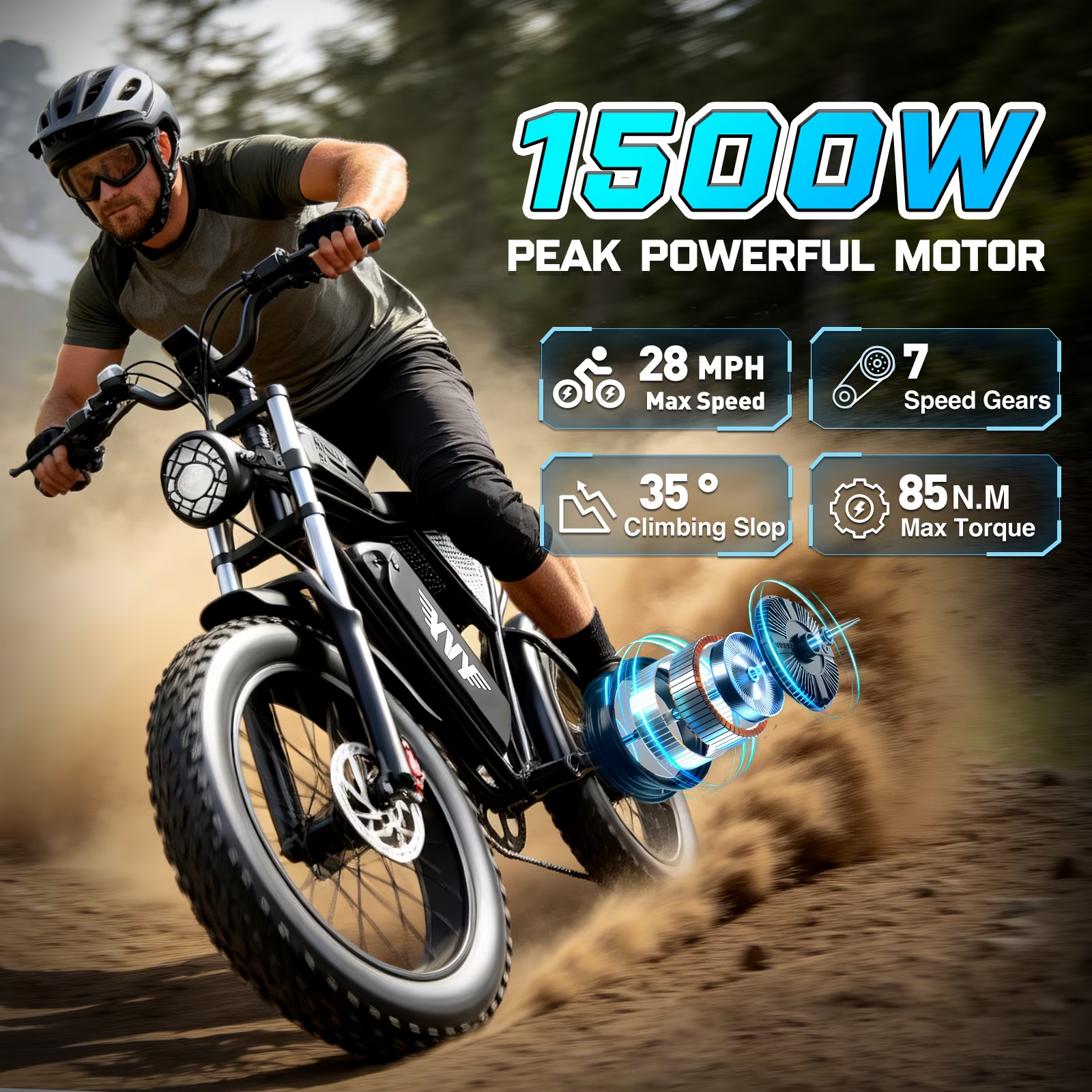 Electric Bike for Adults Peak 1500W, 28MPH, 48V 20Ah Removable Battery Mountain Bike, 30-80 Miles Full Suspension, 20" Fat Tire Electric Bicycle