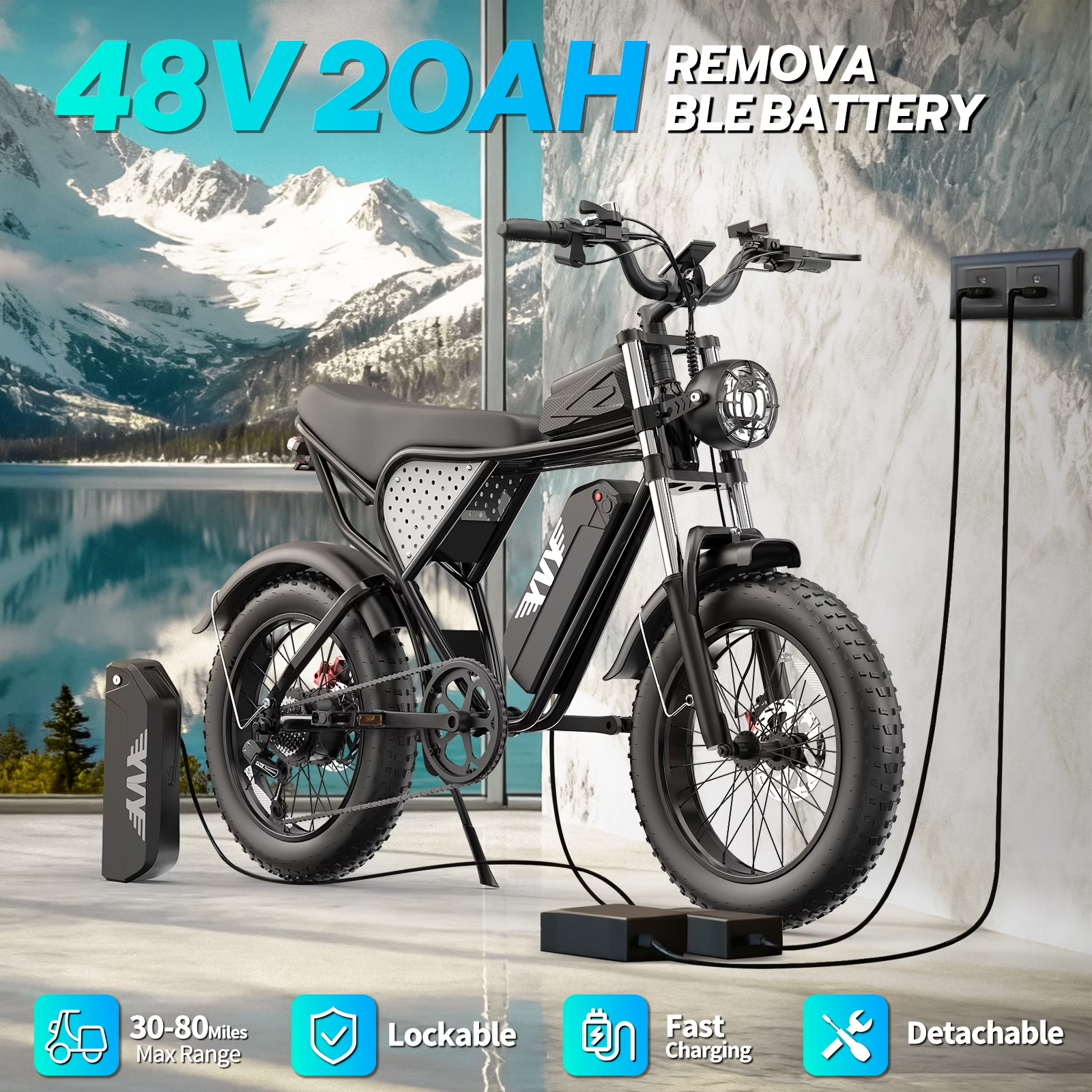 Electric Bike for Adults Peak 1500W, 28MPH, 48V 20Ah Removable Battery Mountain Bike, 30-80 Miles Full Suspension, 20" Fat Tire Electric Bicycle