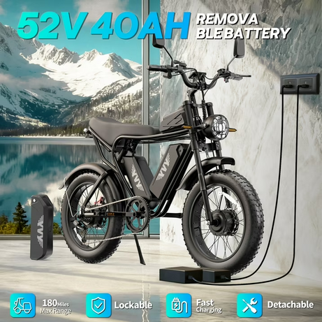 Peak 3000W Electric Bike for Adults,Dual Battery E-bike, 52V 40AH,Max 180 Miles E-Mountain Bike,20’’*4.0’’ Fat Tire Full Suspension Electric Bicycle