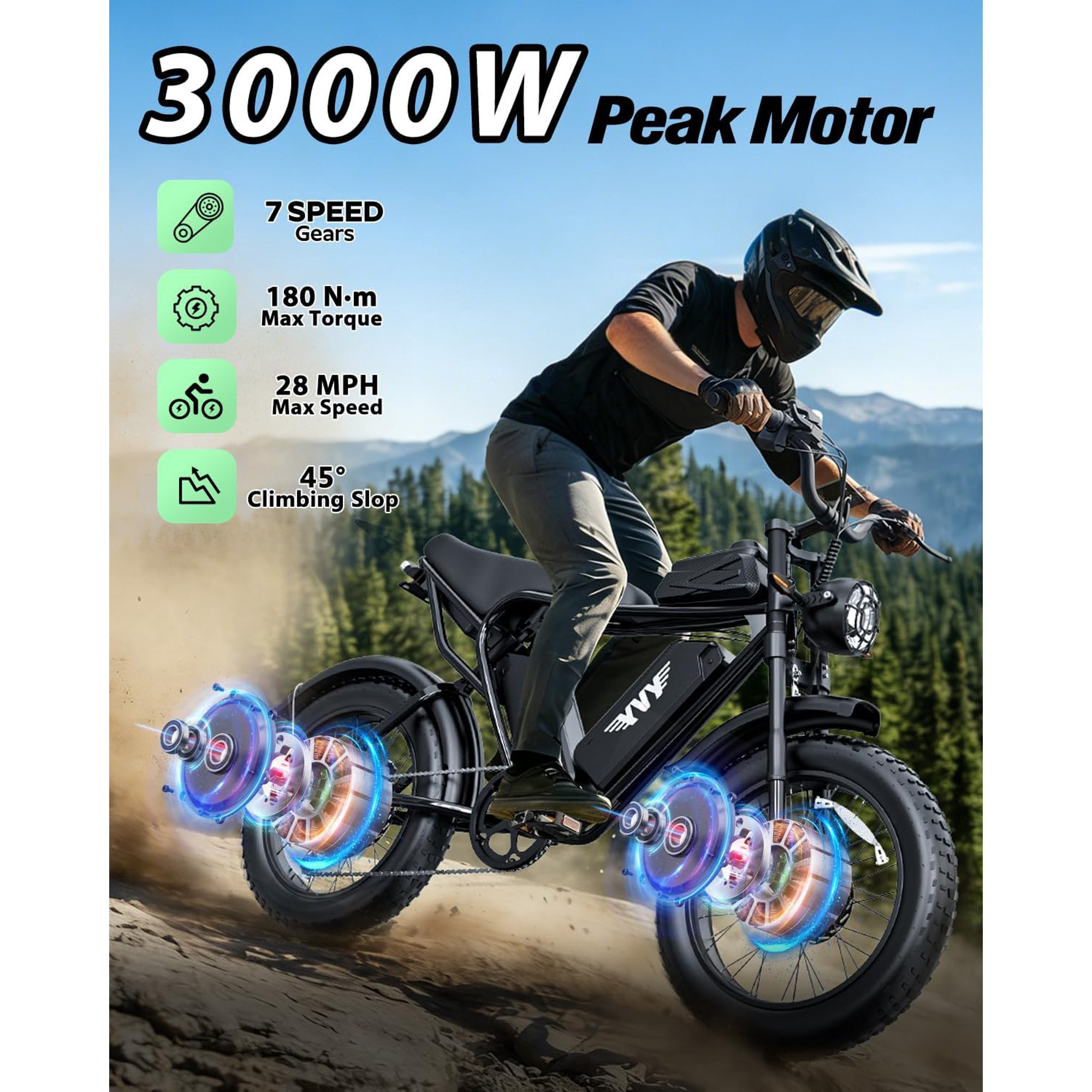Electric Bike for Adults Peak 3000W, 52V 40Ah Dual Battery Electric Bicycle,75-180 Miles, 20'' Fat Tire 7 Speed E-Mountain Bike