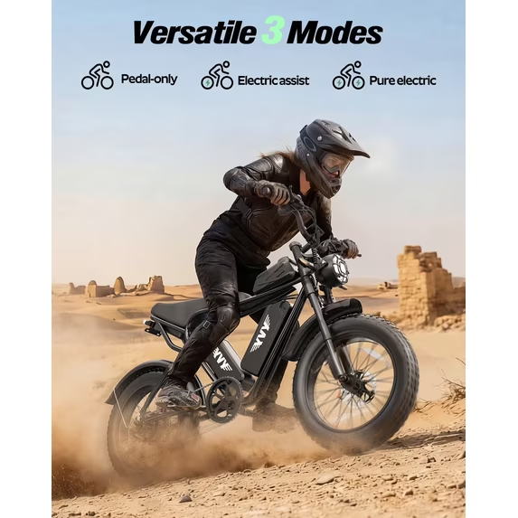 Electric Bike for Adults 750W 28Mph,52V 40Ah,75-180 Miles Electric Bicycle, 20'' Fat Tire 7 Speed Full Suspension Disc Brakes E-Bike