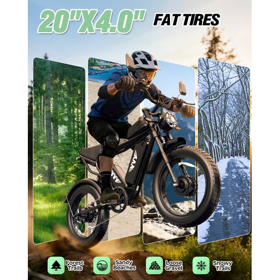 Electric Bike for Adults 750W 28Mph,52V 40Ah,75-180 Miles Electric Bicycle, 20'' Fat Tire 7 Speed Full Suspension Disc Brakes E-Bike