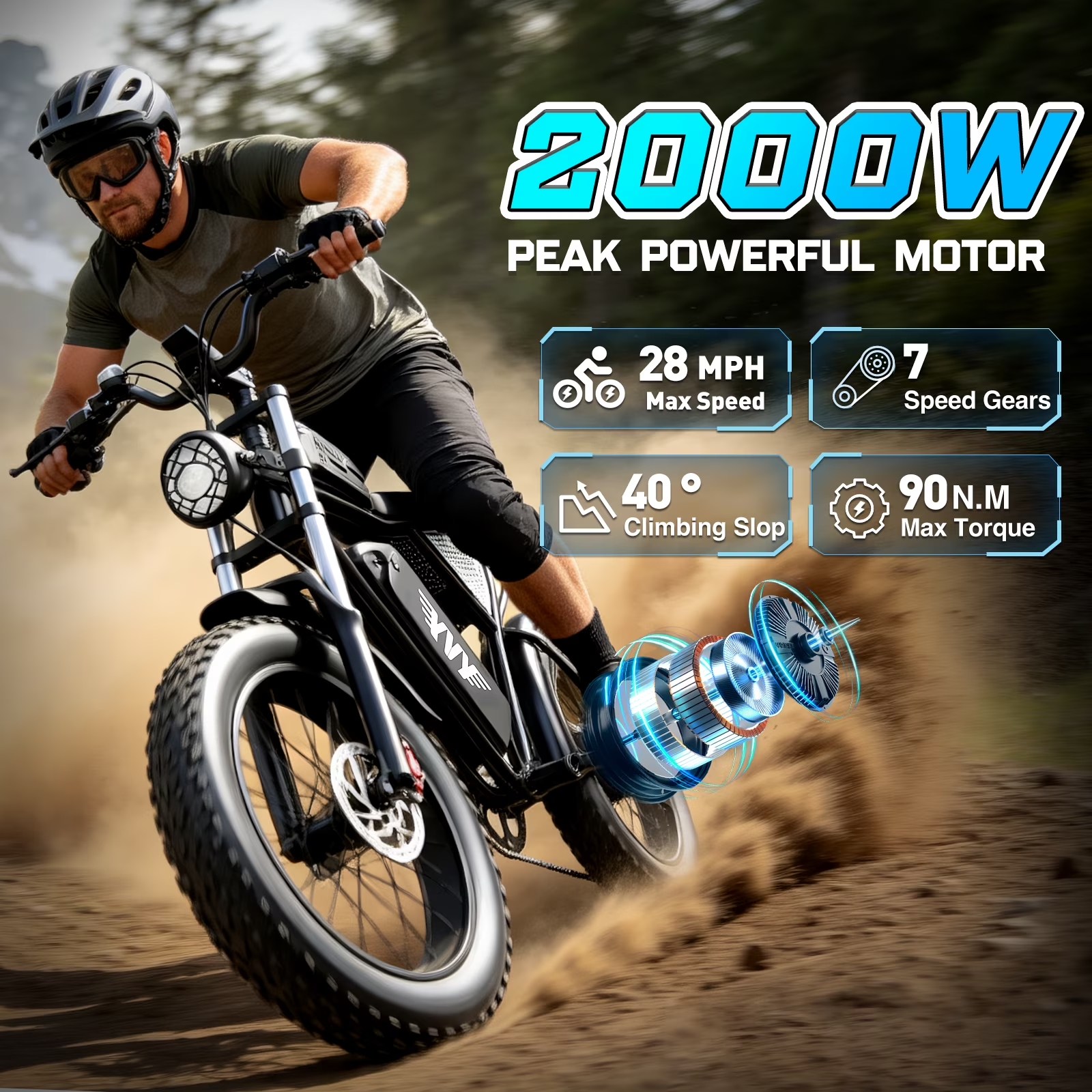 Electric Bike for Adults, 2000W Peak Motor, 20"x4.0" Fat Tire, 48V/25Ah Removable Battery, E-Mountain Bike,Full Suspension
