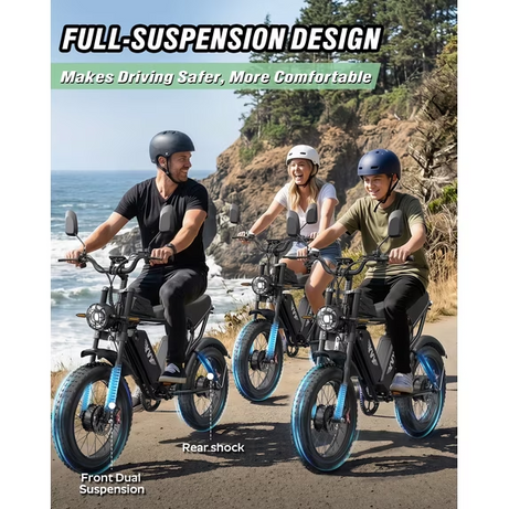 Electric Bike for Adults 750W 28Mph,52V 40Ah,75-180 Miles Electric Bicycle, 20'' Fat Tire 7 Speed Full Suspension Disc Brakes E-Bike