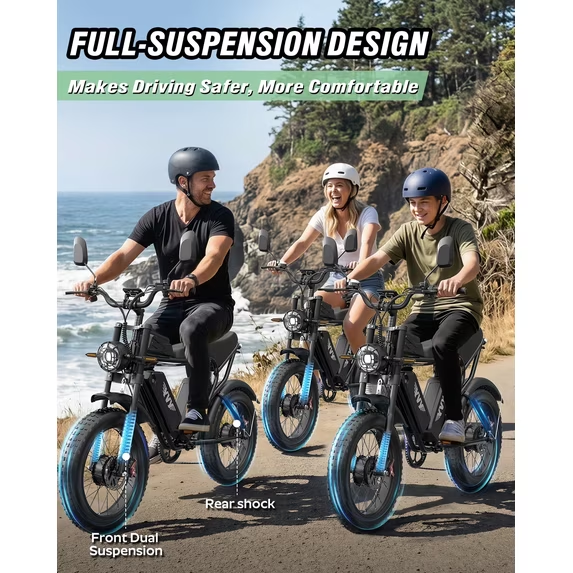 Electric Bike for Adults 750W 28Mph,52V 40Ah,75-180 Miles Electric Bicycle, 20'' Fat Tire 7 Speed Full Suspension Disc Brakes E-Bike